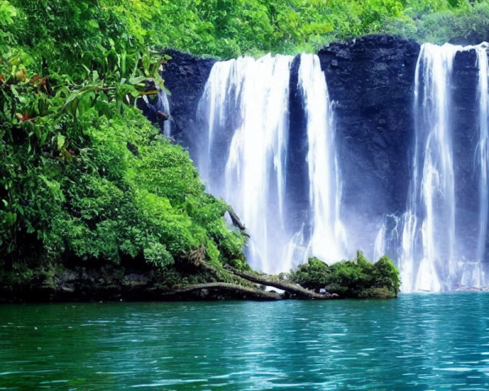 Scenic waterfall flowing into emerald pool amidst lush greenery