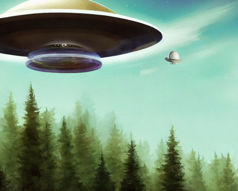 Two UFOs Hovering Above Forest with Green Gradient Sky