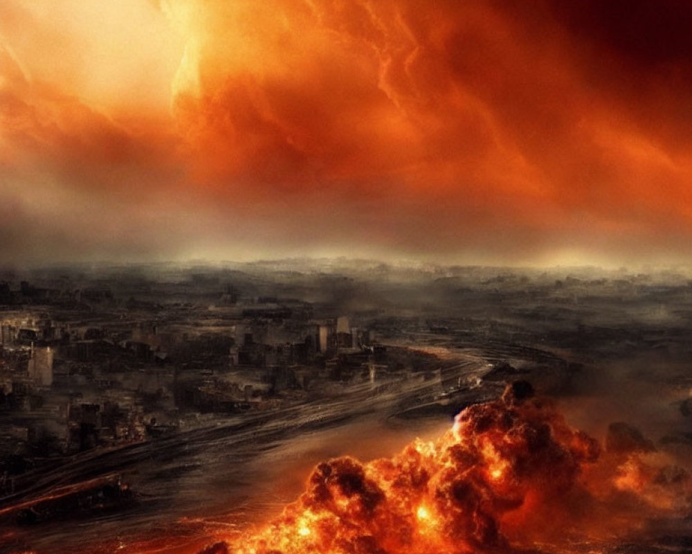 Apocalyptic cityscape with fiery explosions under orange-red sky