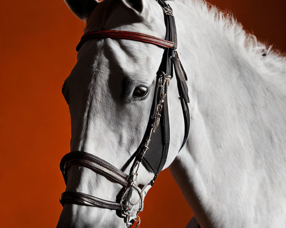 White Horse with Dark Bridle Against Orange Background