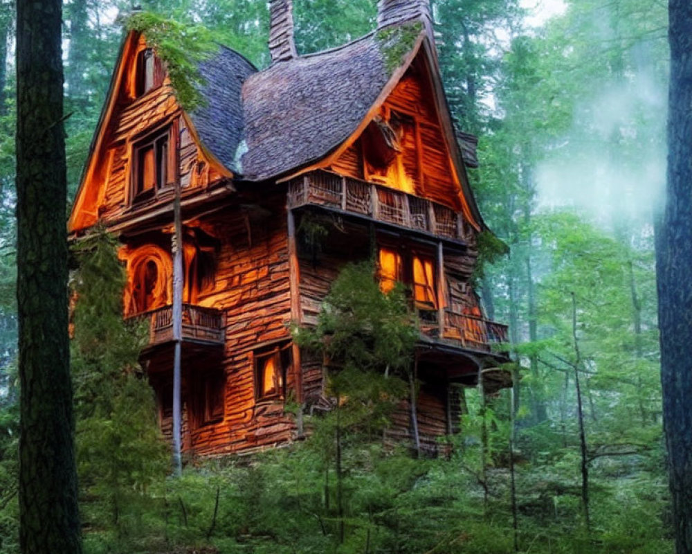 Intricately designed wooden treehouse in misty forest