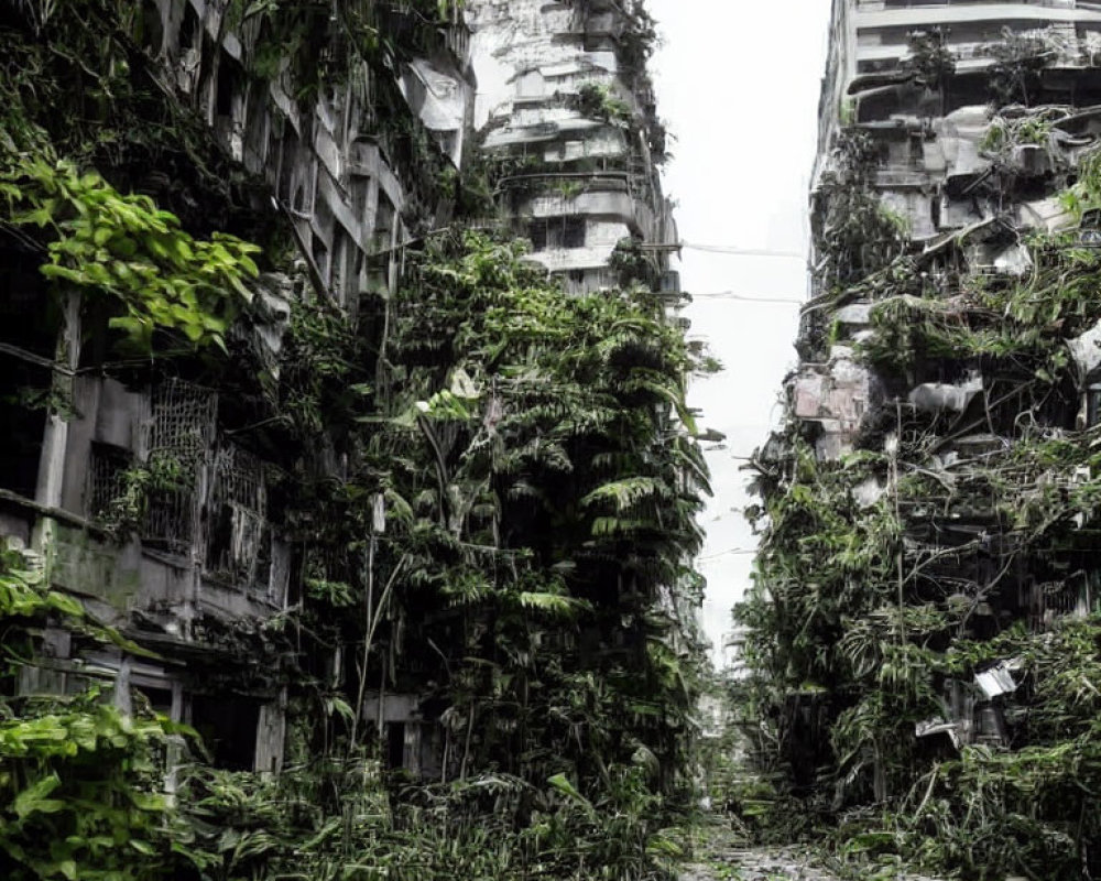 Overgrown urban street amid dilapidated high-rises