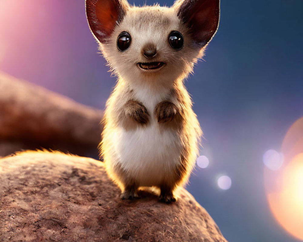 Whimsical computer-generated creature with large ears and expressive eyes on rock in warm lighting