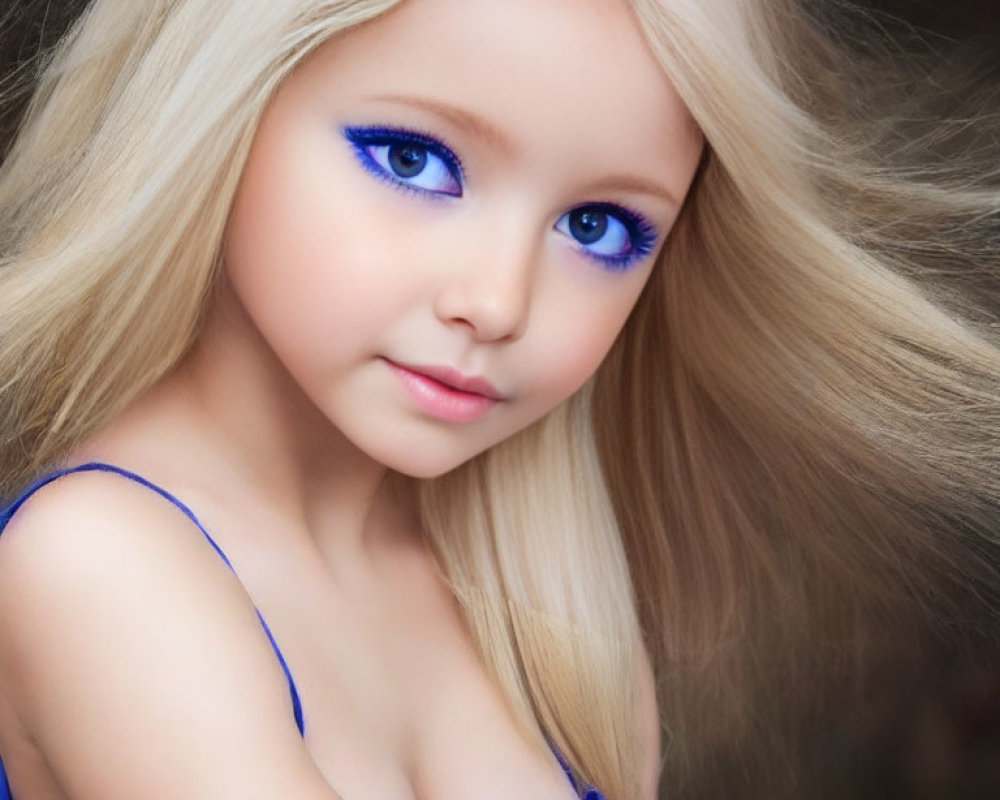 Young girl with blue eyes and blonde hair in blue top portrait