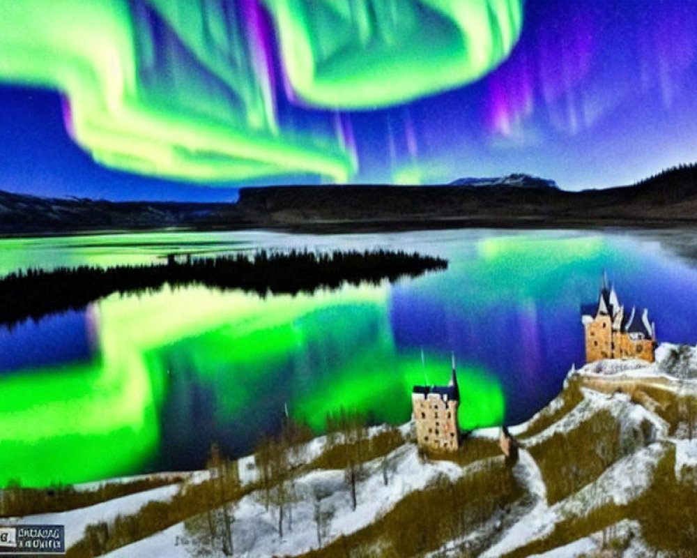 Colorful aurora borealis over serene lake with castle on snowy hillside under starlit sky