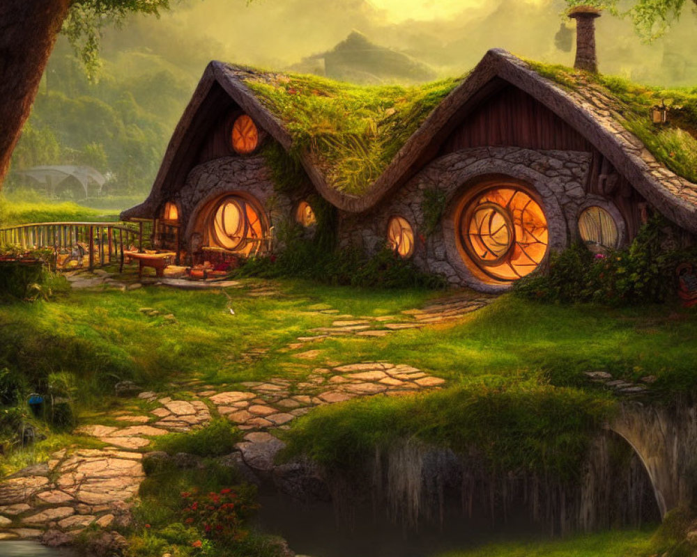 Round-door hobbit-style houses in lush greenery near serene stream