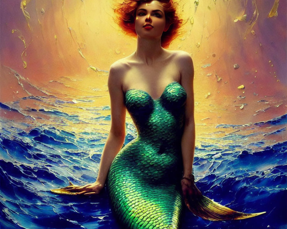 Vibrant mermaid illustration with green tail and red hair in water