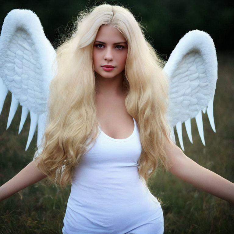 Blonde woman with angel wings in white tank top standing in field