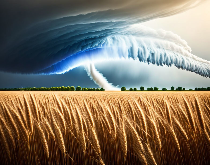 Dramatic shelf cloud over golden wheat field under stormy sky