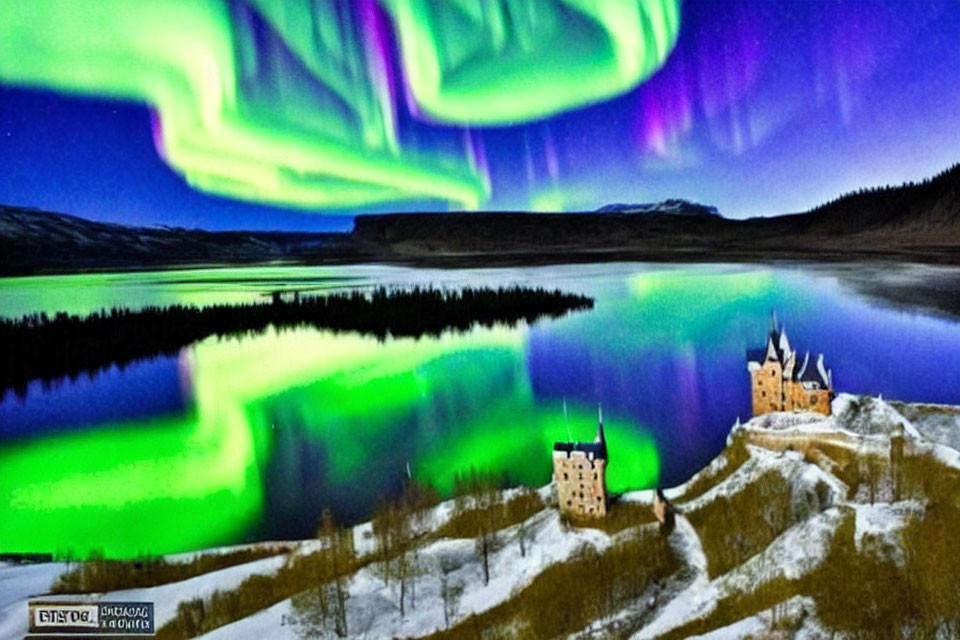 Colorful aurora borealis over serene lake with castle on snowy hillside under starlit sky