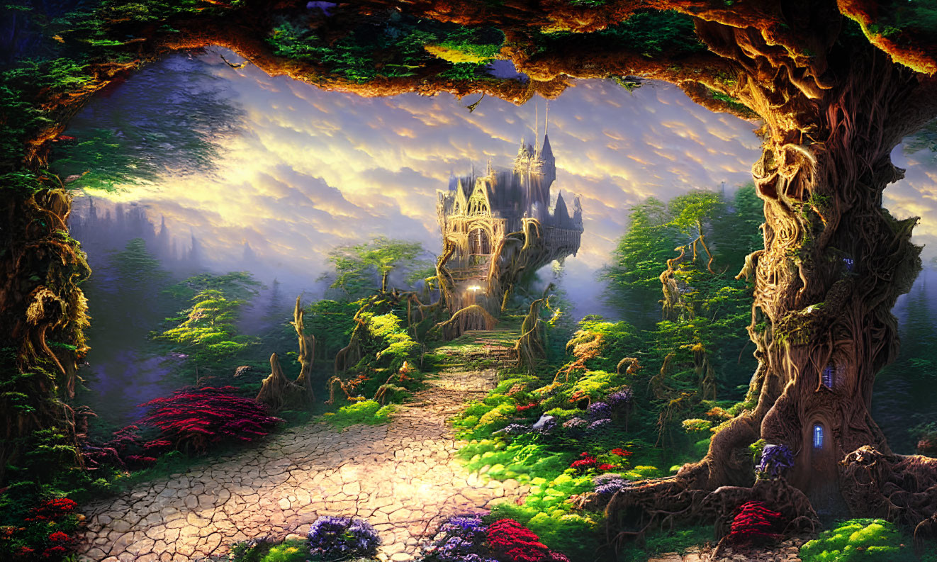 Fantasy landscape with castle, luminous forest, vibrant flowers, and arching tree gateway