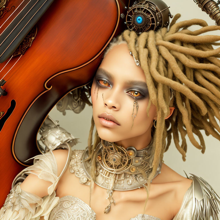 Ethereal steampunk aesthetic with violin and mechanical eye-piece