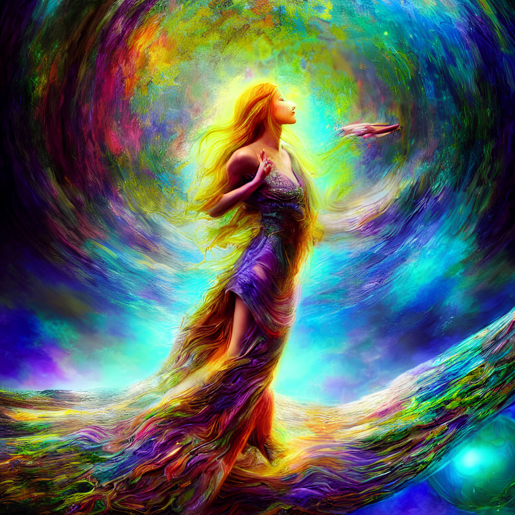 Vibrant image of woman with golden hair in cosmic landscape