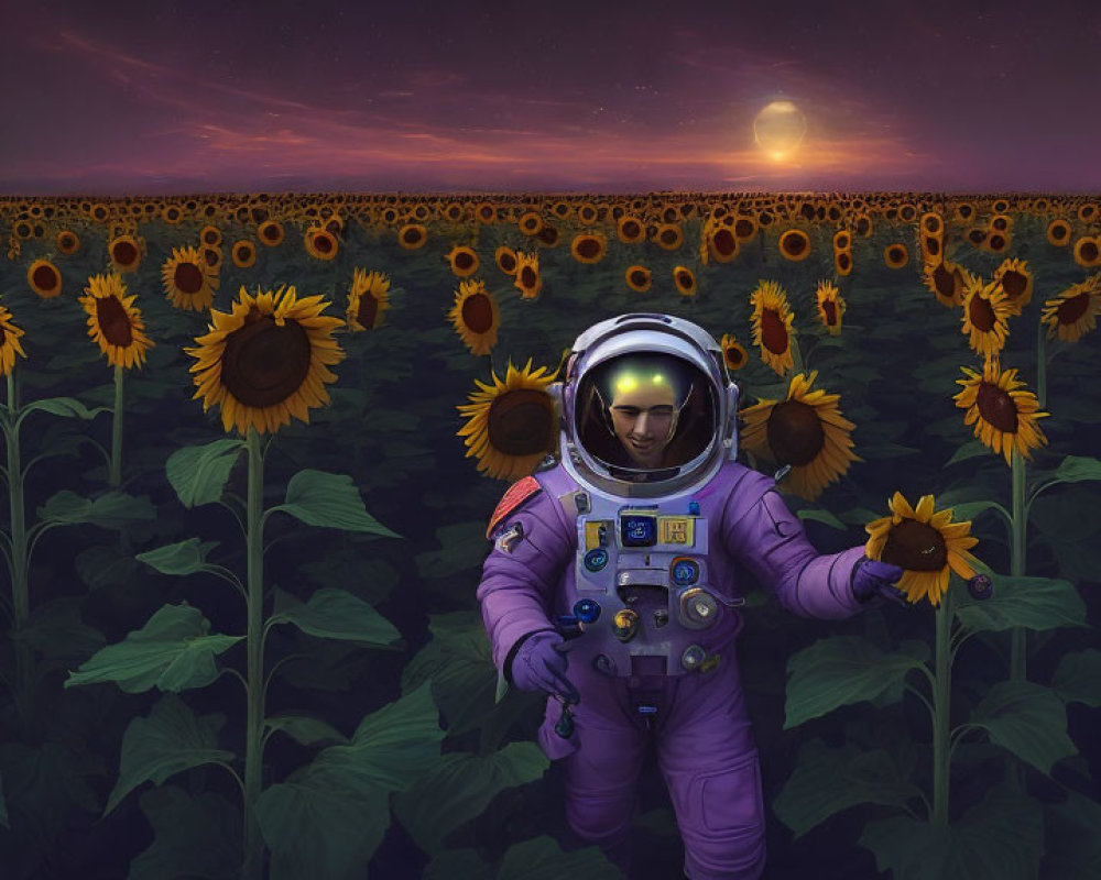 Astronaut in purple suit among sunflowers under twilight sky