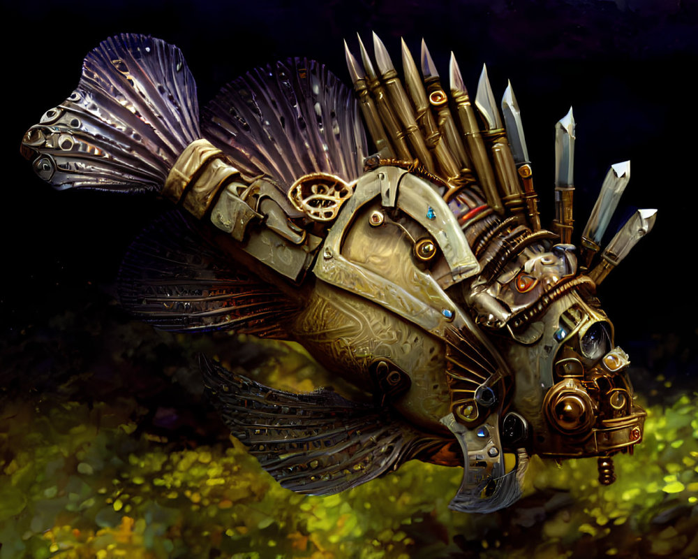 Steampunk-inspired mechanical fish with intricate gears on dark aquatic backdrop