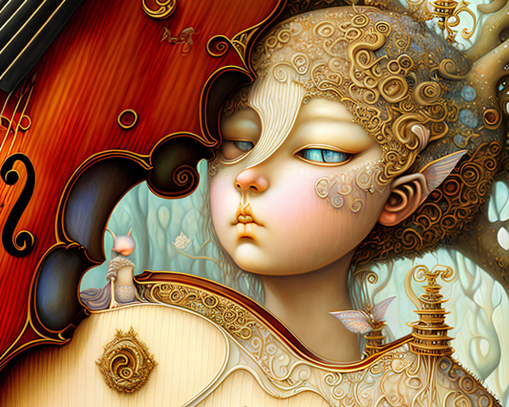 Surreal digital artwork: character with gold patterns, blue eyes, violin, cities, butterfly