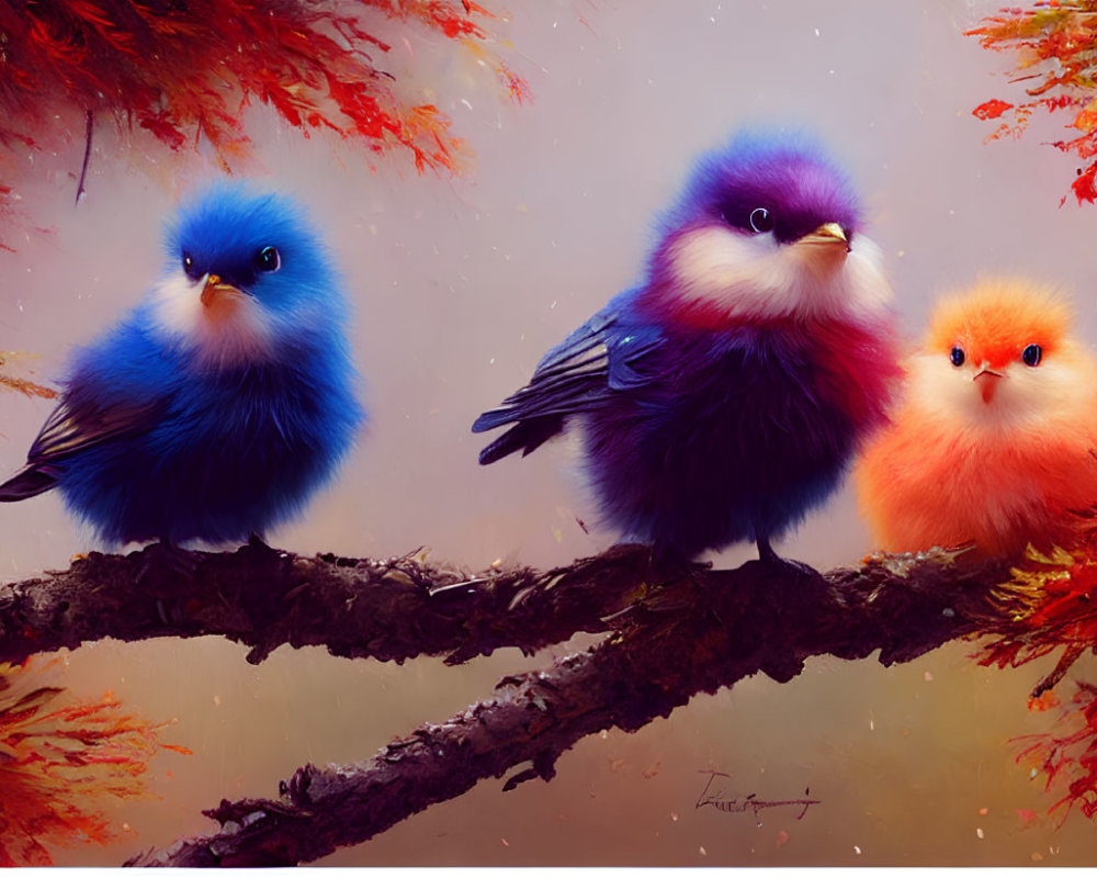 Colorful Fluffy Birds Perched on Branch with Autumn Leaves