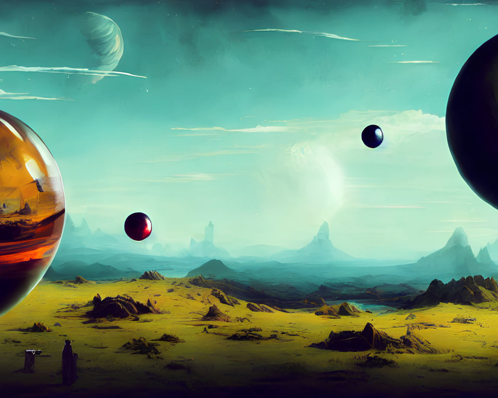 Surreal landscape with multiple planets, person, and fantastical terrains