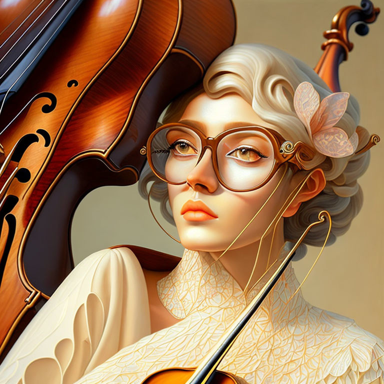 Illustration of woman with glasses holding violin in warm tones
