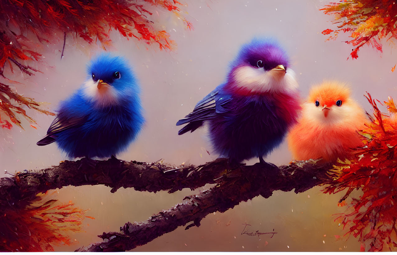 Colorful Fluffy Birds Perched on Branch with Autumn Leaves