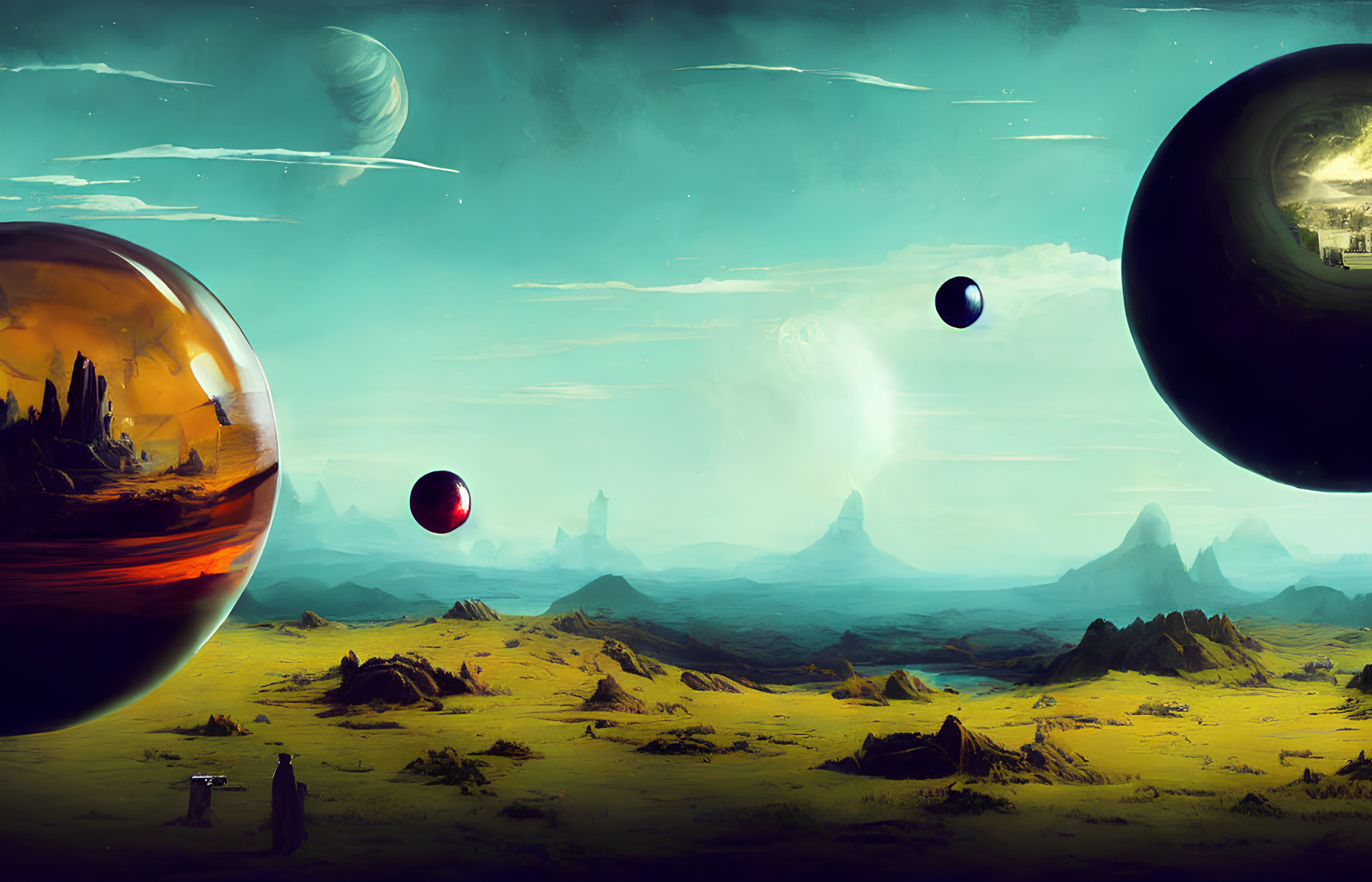 Surreal landscape with multiple planets, person, and fantastical terrains