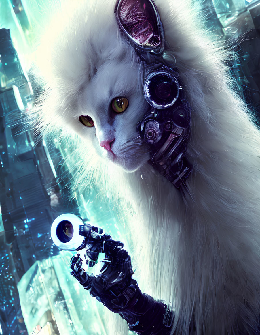 Fluffy white cat with mechanical eye and robotic arm on futuristic blue backdrop