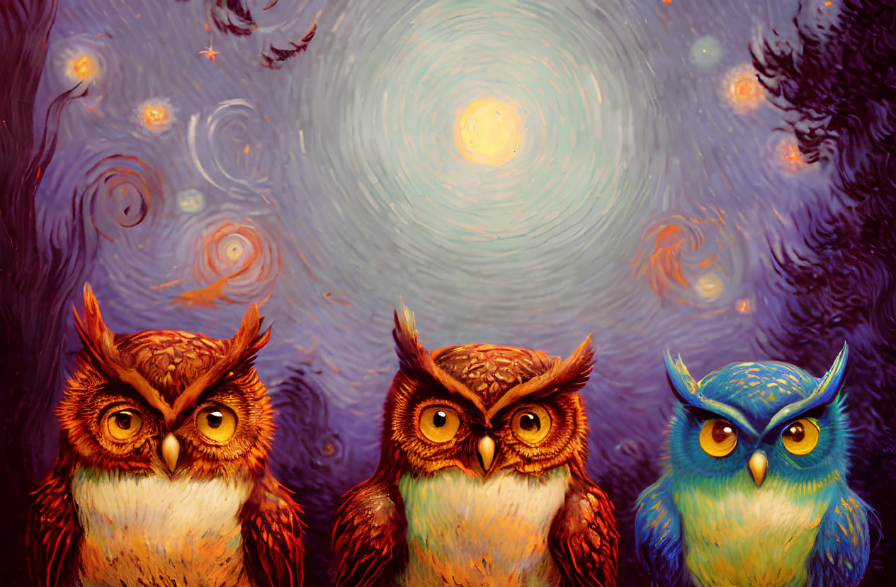 Colorful Stylized Owls Against Starry Backdrop: Mystical Atmosphere