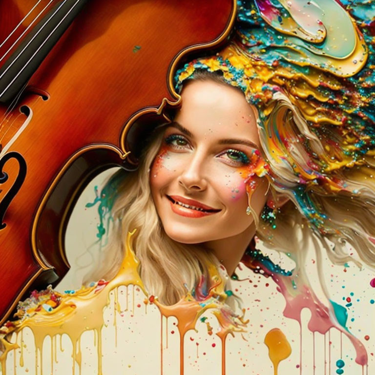 Smiling woman's face merges with violin and colorful paint swirls