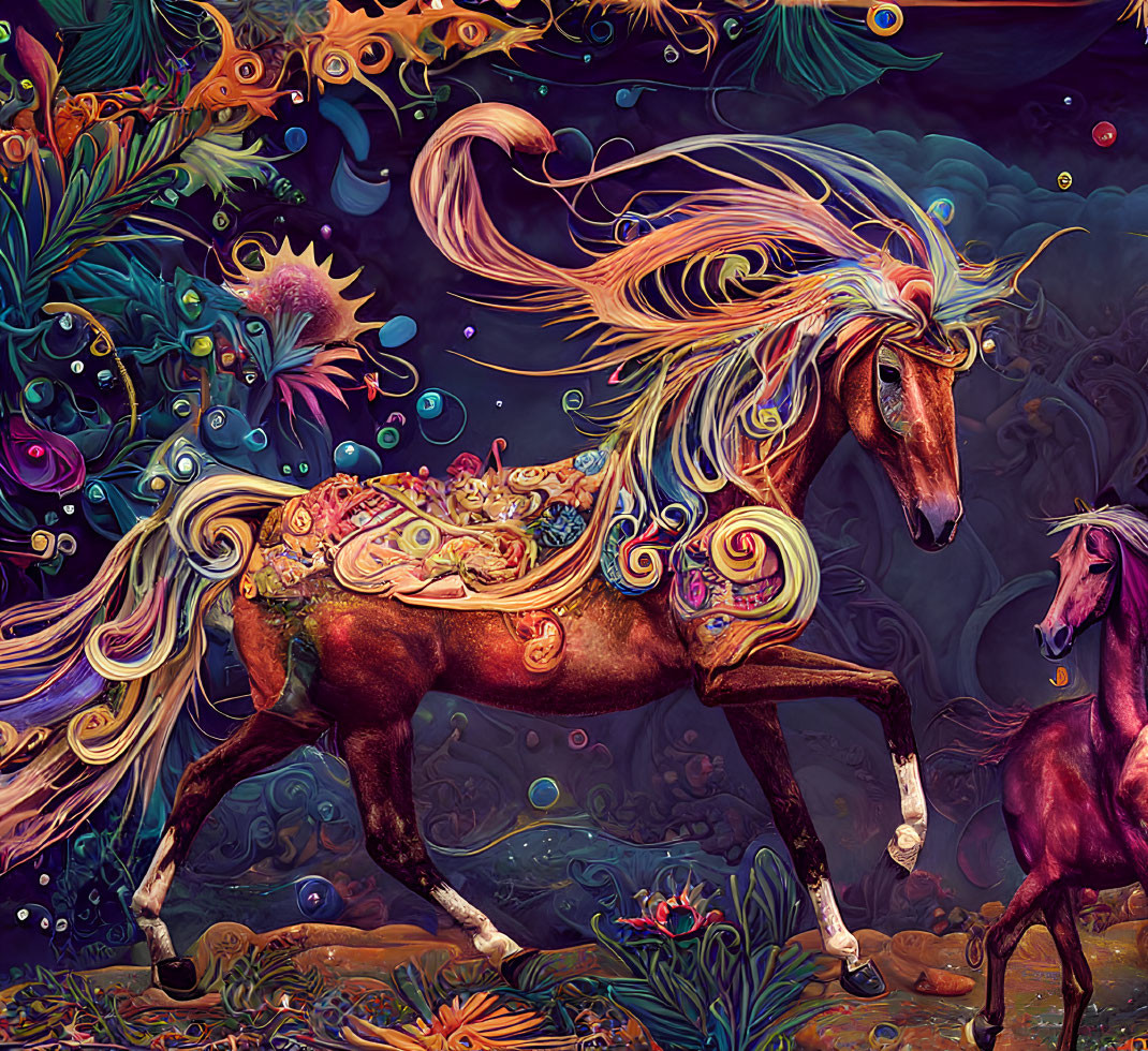 Colorful digital artwork featuring stylized horses in a fantastical setting