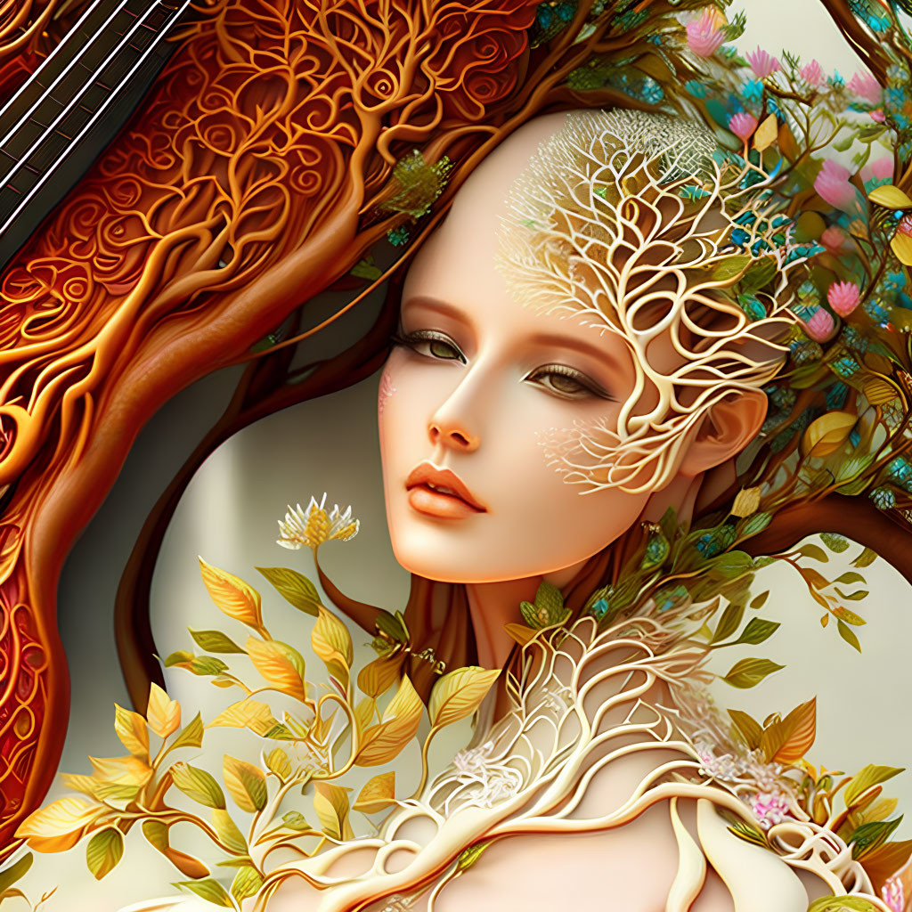 Woman's face blended with tree elements: intricate branches, vibrant flowers, and leaves integrated.