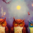 Colorful Stylized Owls Against Starry Backdrop: Mystical Atmosphere