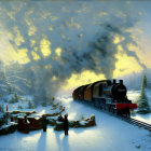 Steam train in snowy alien landscape with rock formations and tentacle-like structure