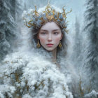 Mystical woman in snowy forest with golden crown and white fur cloak