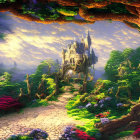 Fantasy landscape with castle, luminous forest, vibrant flowers, and arching tree gateway