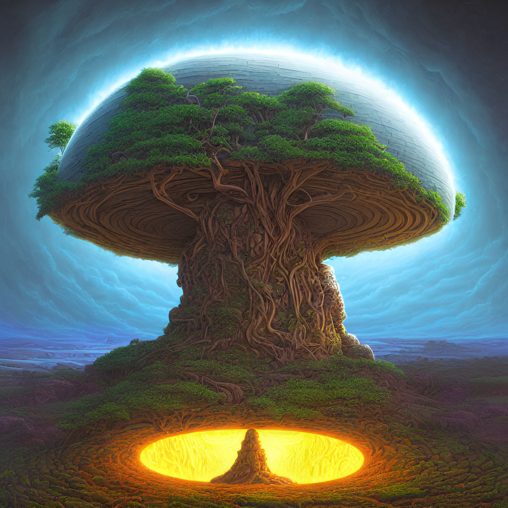 Gigantic tree with mushroom canopy and lava halo landscape.