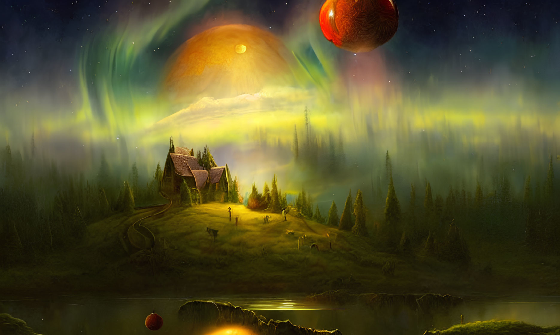 Fantastical landscape with aurora sky, moons, lake, house, celestial reflections