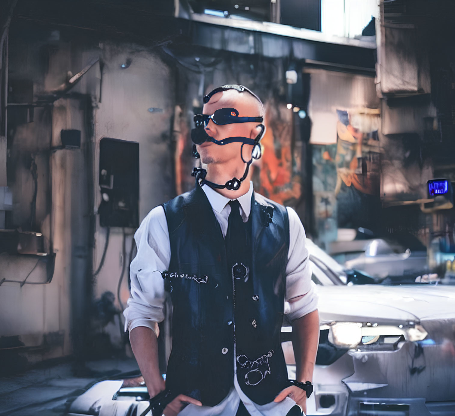 Urban alley scene with man in cyberpunk goggles and headset.