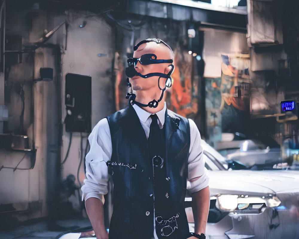 Urban alley scene with man in cyberpunk goggles and headset.