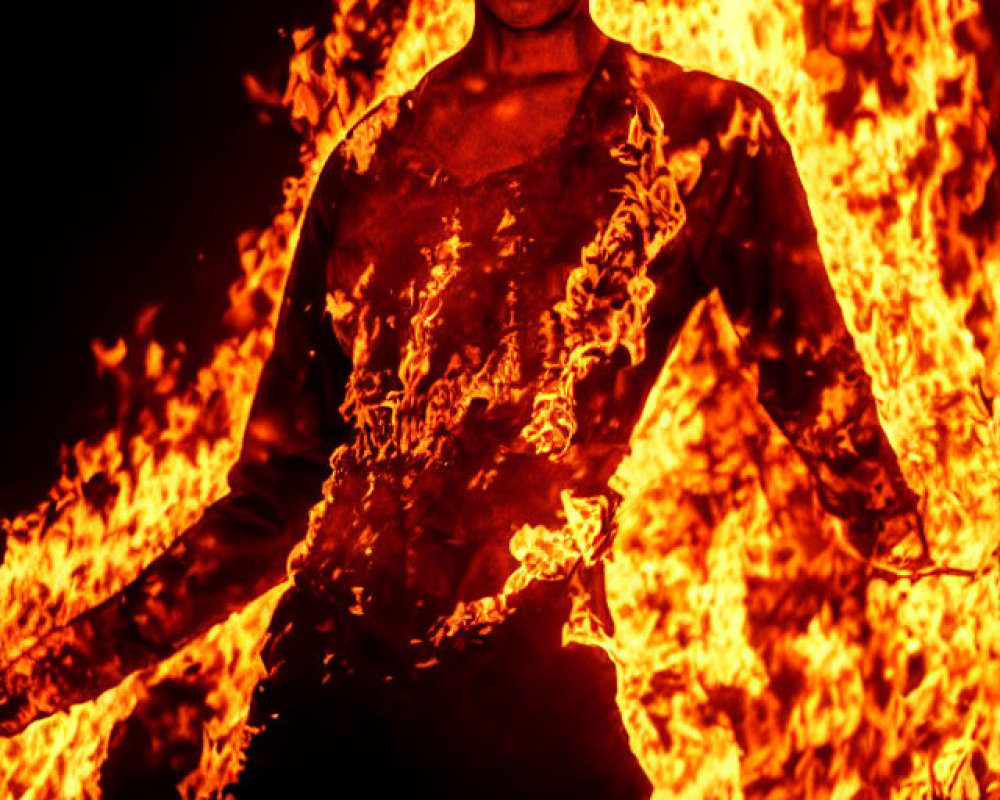 Man standing confidently amidst intense flames with "MAN FIRE" in white text