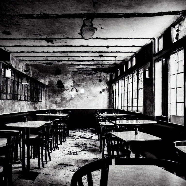 Desolate room with empty tables, deteriorating walls, and hanging lights