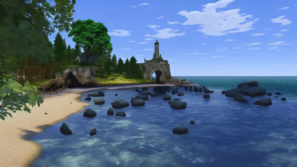 Tranquil coastal landscape with sandy beach, stone archway, trees, and blue skies