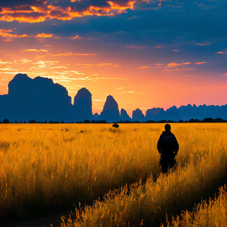 Person in Golden Field at Sunset with Mountain Silhouettes