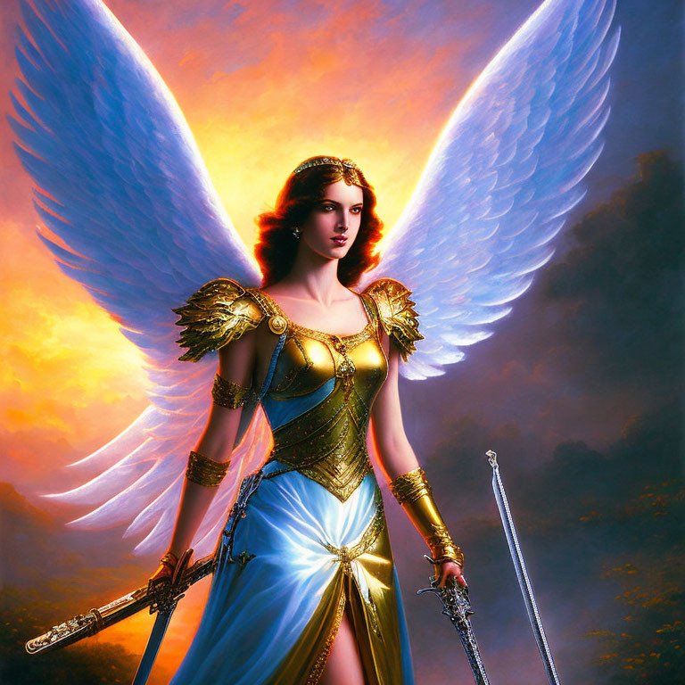 Ethereal figure with angelic wings in golden armor and blue robe against dramatic sky.