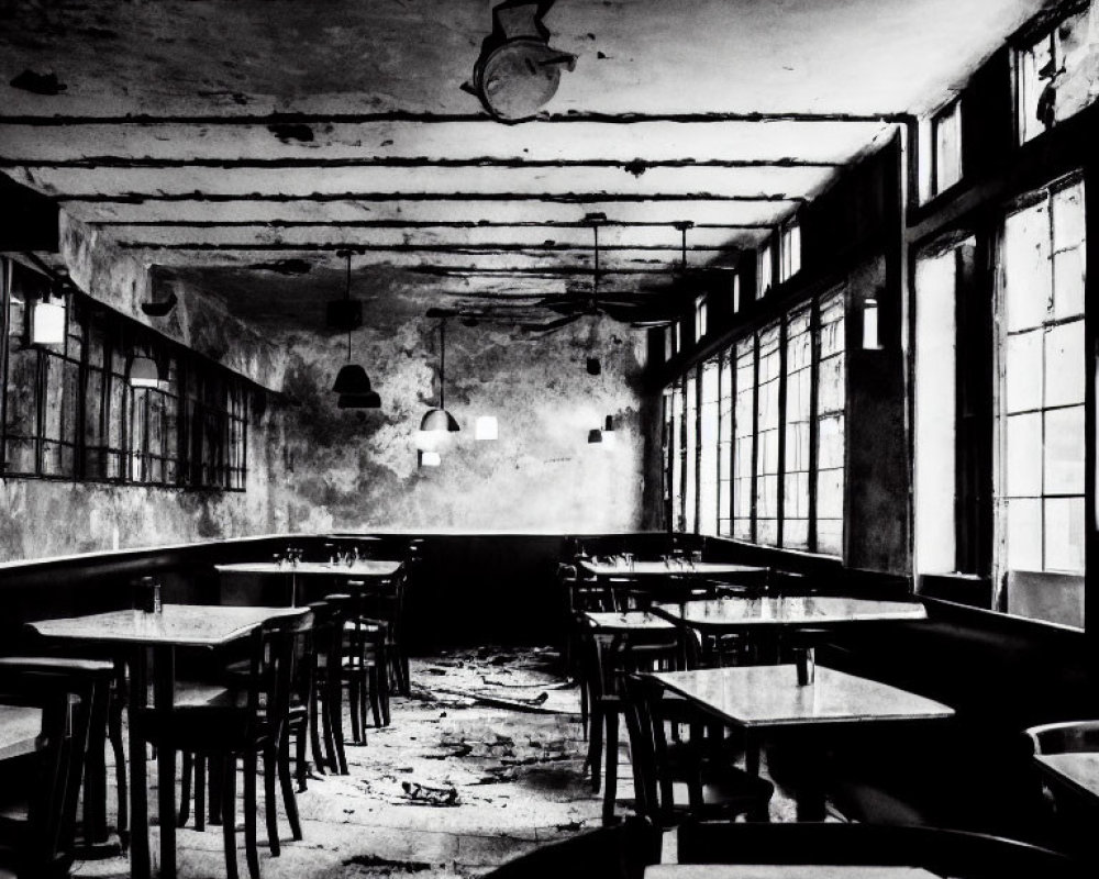 Desolate room with empty tables, deteriorating walls, and hanging lights