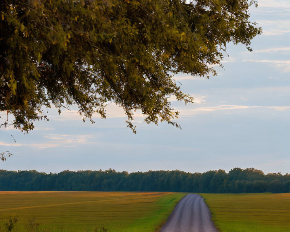 Scenic country road with green fields under soft evening sky