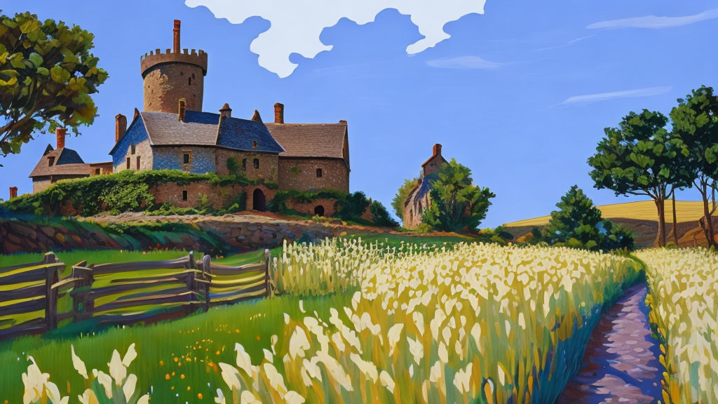 Stone castle painting with tower, greenery, golden field, and blue sky.