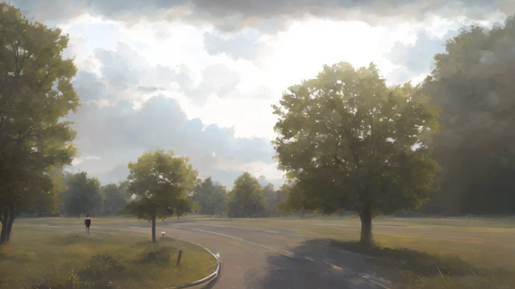 Tranquil landscape painting of sunlit pathway with walking figure