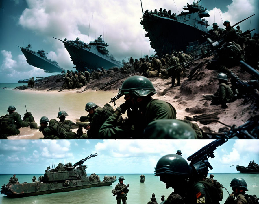 Military soldiers in combat gear on beach with amphibious vehicles and warships under cloudy sky