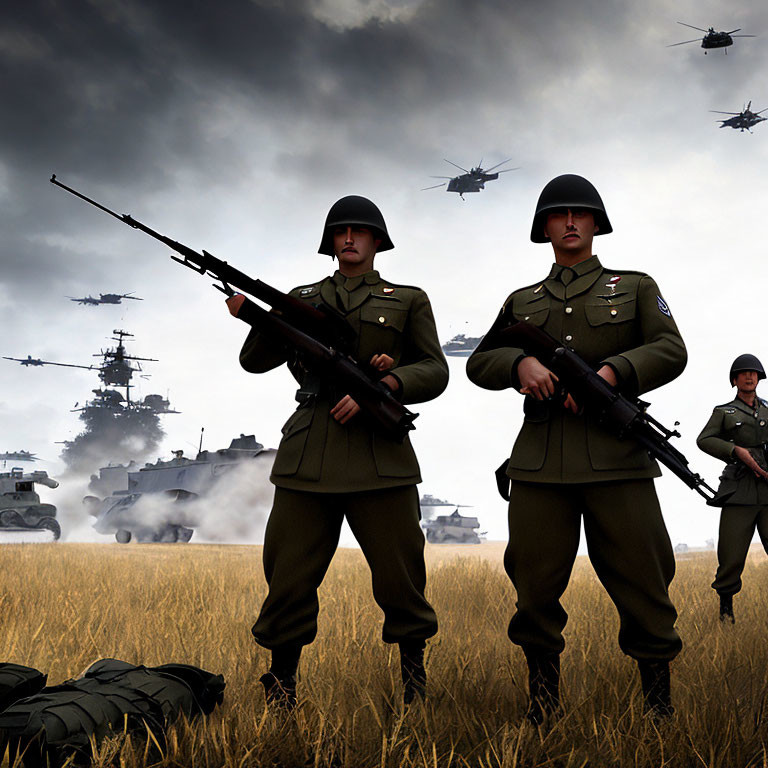 Military scene with soldiers, helicopters, tanks, and ships in a field.