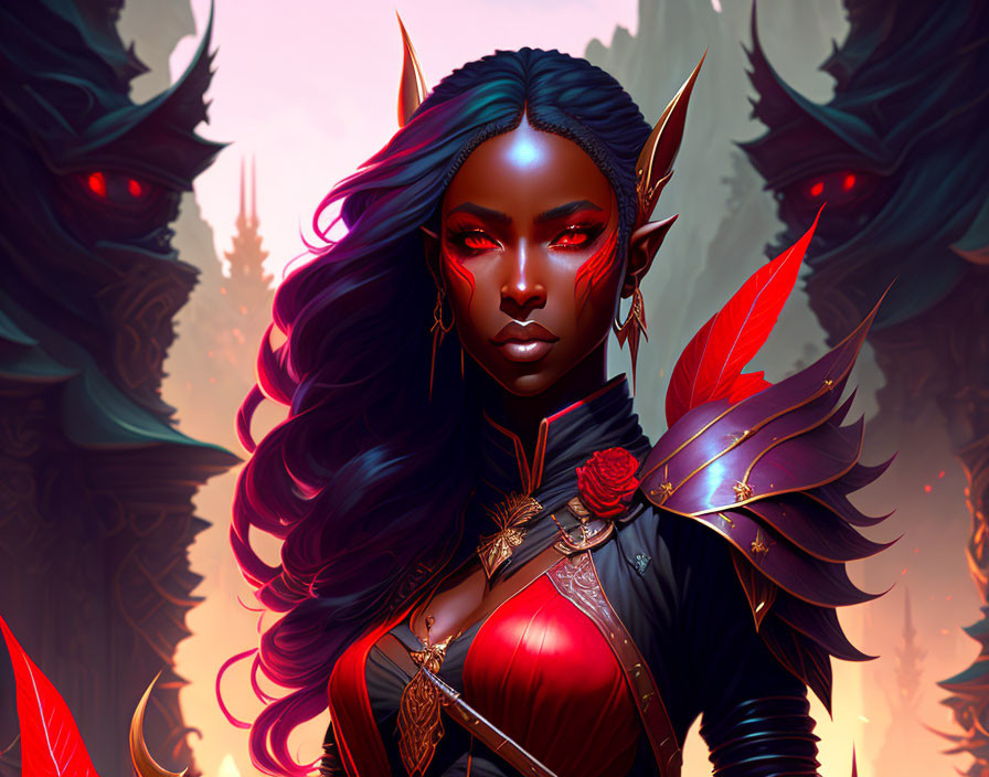 Fantasy female character with dark skin and red eyes in ornate red and gold armor